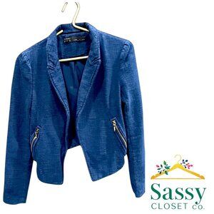 ZARA Basic Blue Textured Open‑Front Jacket Zip Pockets 3/4 Sleeve XS